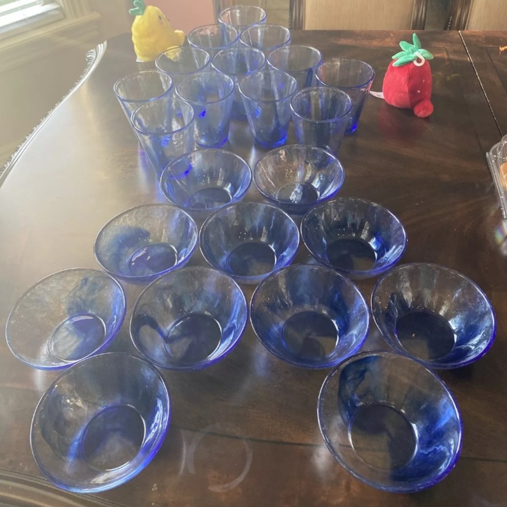 Bormioli Rocco blue swirl glasses and bowls